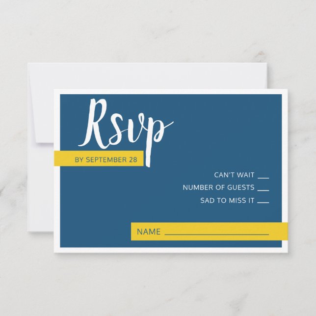 Modern Contemporary blue & yellow wedding minimal  RSVP Card (Front)