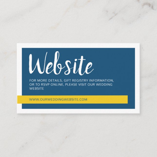 Modern contemporary blue & yellow wedding website  enclosure card (Front)