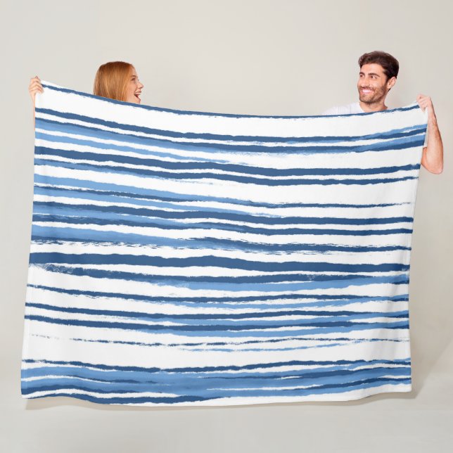 Modern Contemporary Coastal Blue and White Stripes Fleece Blanket (In Situ)