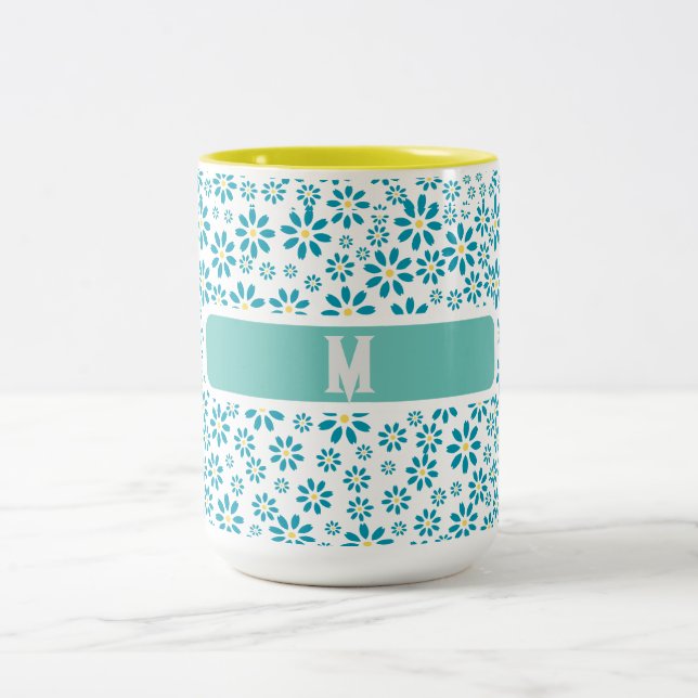 Modern Contemporary Daisy Flower Initial Two-Tone Coffee Mug (Center)