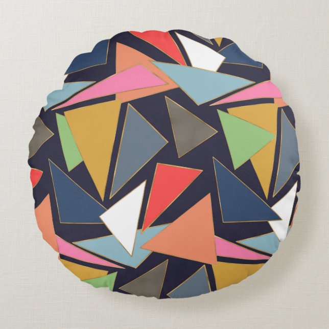 Modern Contemporary Gold Strokes Colourful Triangl Round Cushion (Front)
