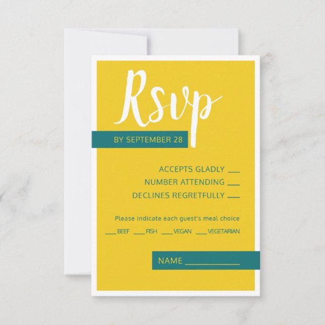 Modern Contemporary green & yellow wedding minimal RSVP Card (Front)