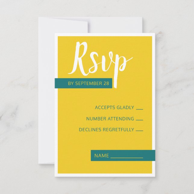 Modern Contemporary green & yellow wedding minimal RSVP Card (Front)