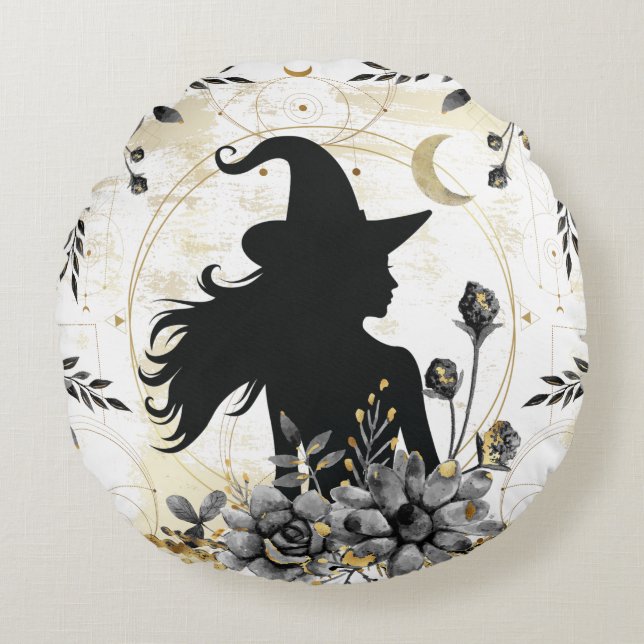 Modern contemporary Halloween witch 3 Round Cushion (Front)