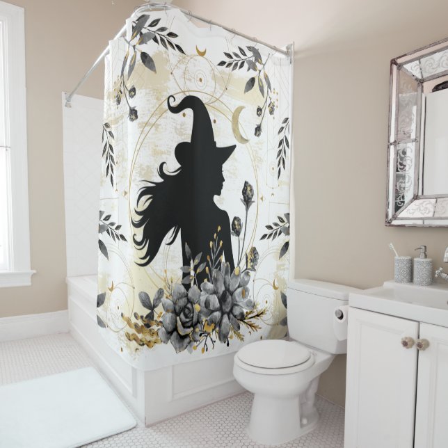 Modern contemporary Halloween witch 3 Shower Curtain (In Situ)