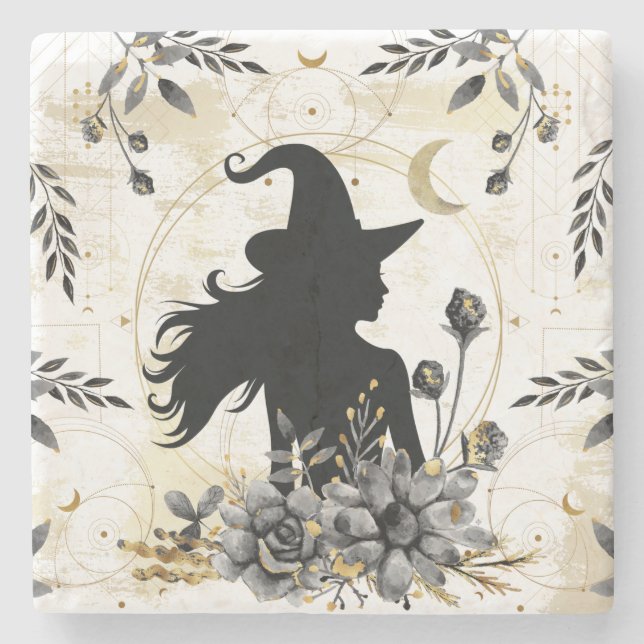 Modern contemporary Halloween witch 3 Stone Coaster (Front)