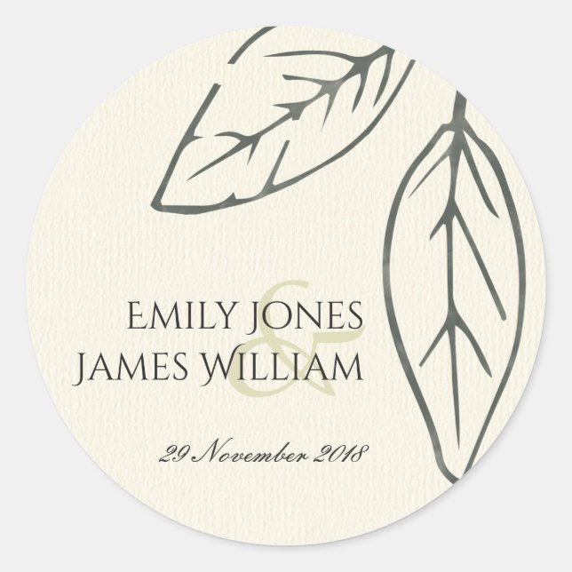 MODERN CONTEMPORARY KRAFT WHITE LEAVES WEDDING CLASSIC ROUND STICKER (Front)