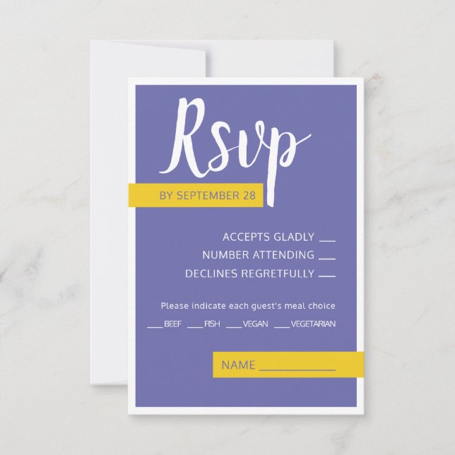 Modern Contemporary purple yellow wedding minimal RSVP Card (Front)
