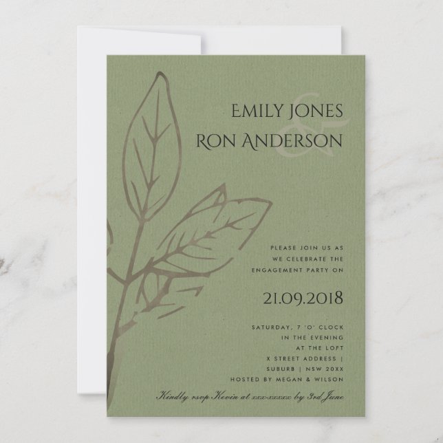 MODERN CONTEMPORARY RUST GREEN LEAVES ENGAGEMENT INVITATION (Front)