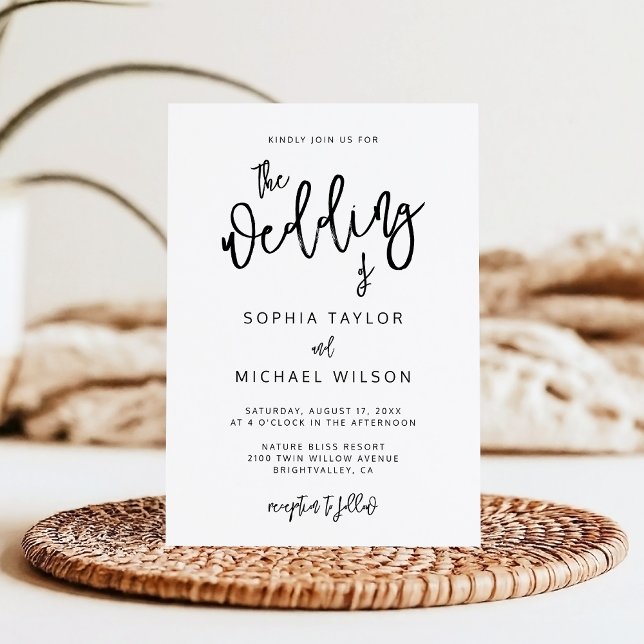 Modern Contemporary Script Black White Wedding Invitation (Creator Uploaded)