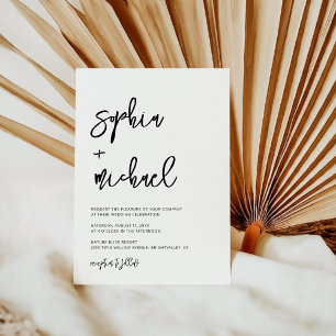 Modern Contemporary Script Black White Wedding Invitation