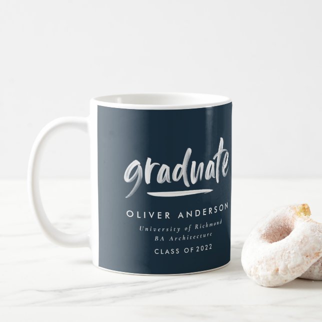 Modern contemporary script navy blue graduation coffee mug (With Donut)