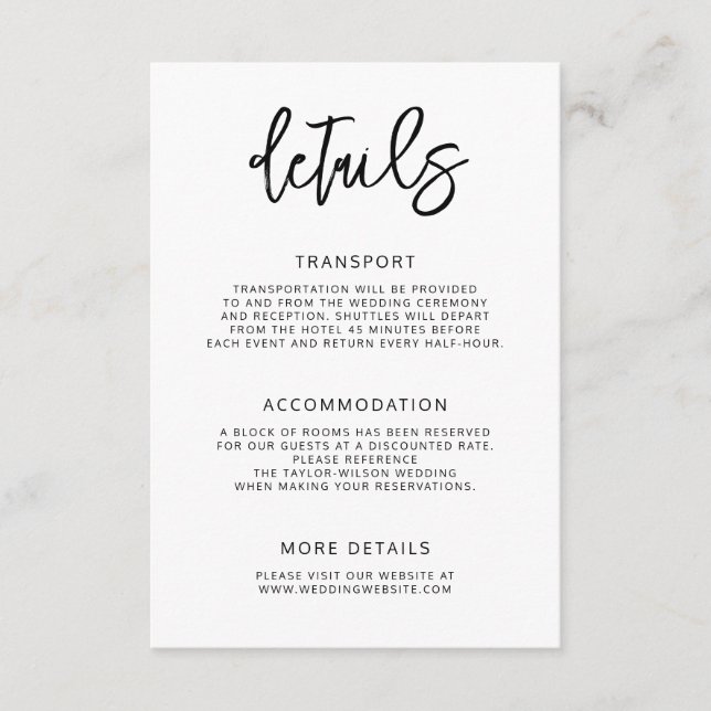 Modern Contemporary Script Wedding Details Enclosure Card (Front)