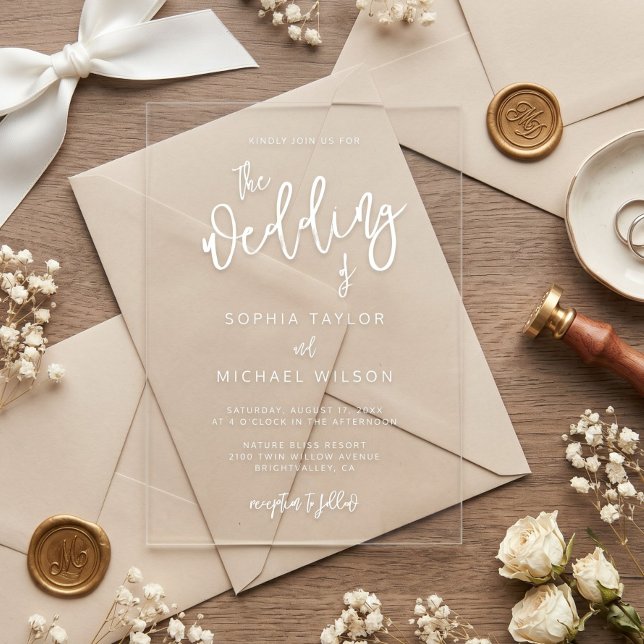 Modern Contemporary Script White Wedding Acrylic Invitations (Creator Uploaded)