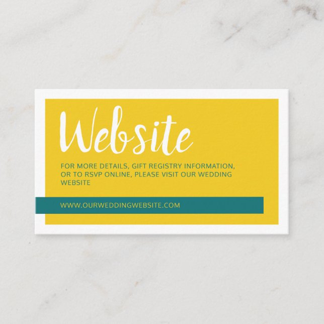 Modern contemporary teal & yellow wedding website  enclosure card (Front)