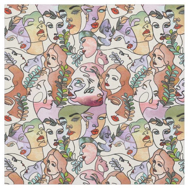 Modern Contour line Doodle drawing art Fabric (Close Up)