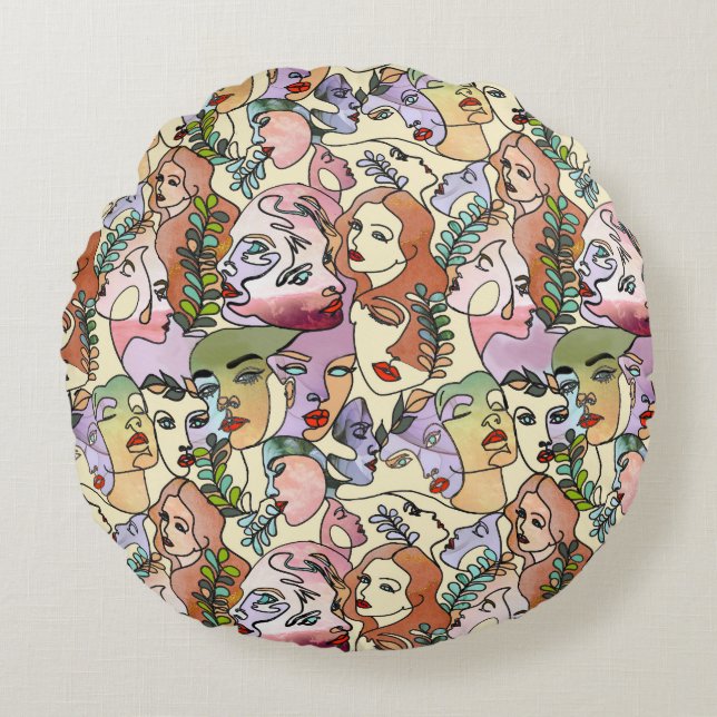 Modern Contour line Doodle drawing art Round Cushion (Front)