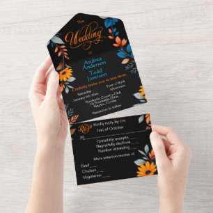 Modern contrasting colours against black wedding all in one invitation