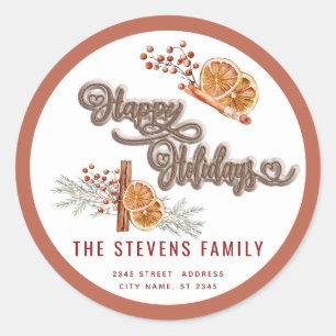 Modern cookie script happy holiday cinnamon orange classic round sticker