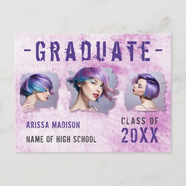 Modern Cool 3 Photo Pink Purple Grad Announcement Postcard (Front)