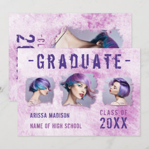 Modern Cool 4 Photo Double Sided Pink Purple Grad Announcement