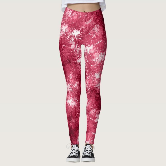 Modern Cool Abstract Magenta Marble Paint Pattern Leggings (Front)