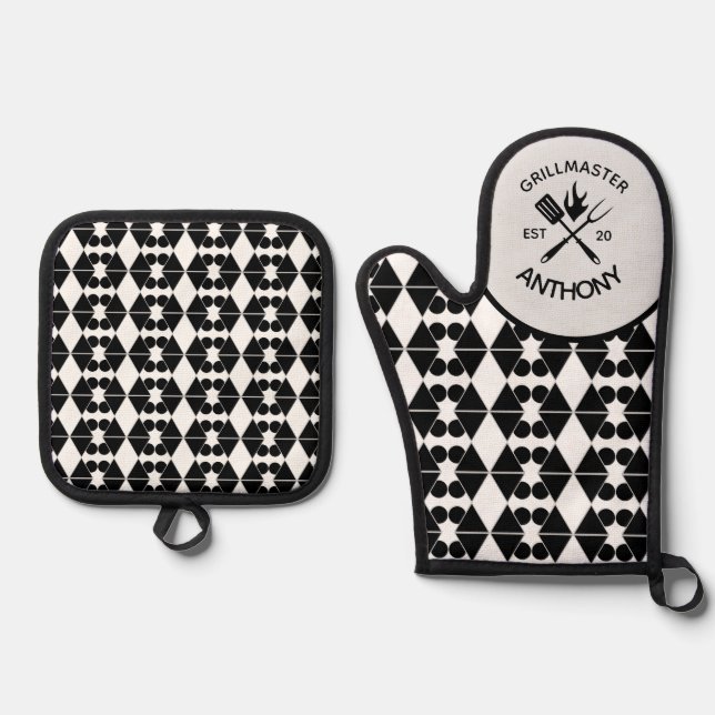 Modern Cool Adult Rustic GRILLMASTER Custom  Oven Mitt & Pot Holder Set (Front)