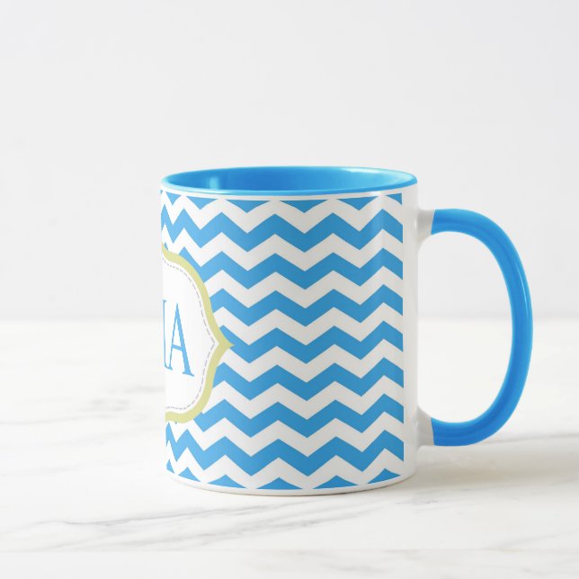 modern cool blue chevron stripes monogram initials mug (Right)