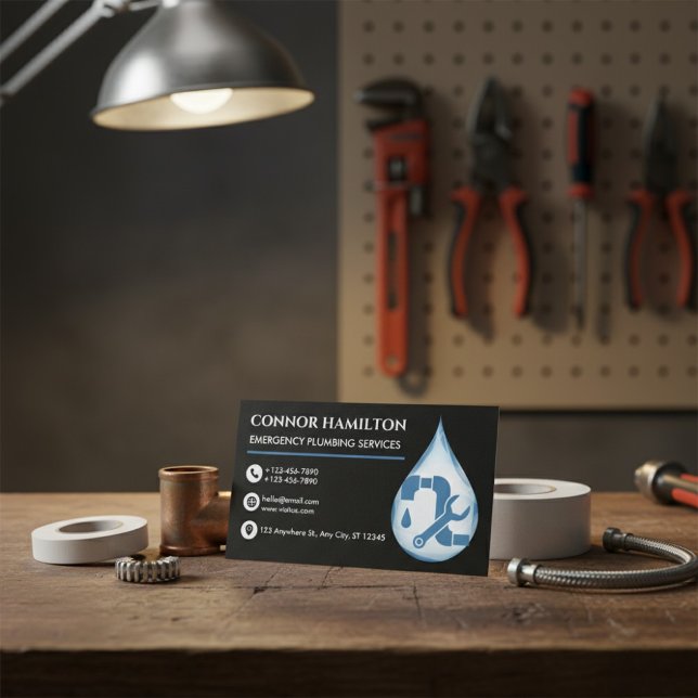 Modern Cool Blue Emergency Plumbing Services Business Card (Creator Uploaded)
