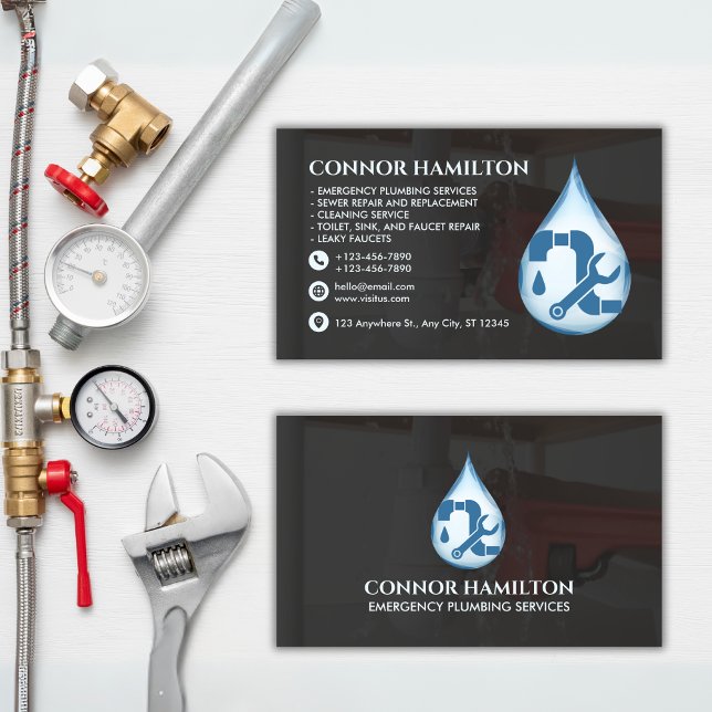 Modern Cool Blue Emergency Plumbing Services Business Card (Creator Uploaded)