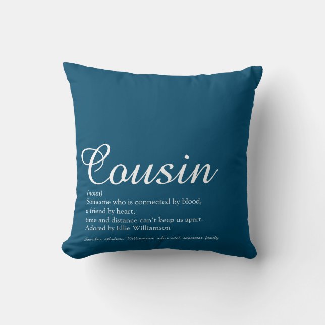 Modern Cool Blue Fun Script Cousin Definition Cushion (Front)