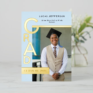 Modern Cool Blue Graduation Announcement Gold foil