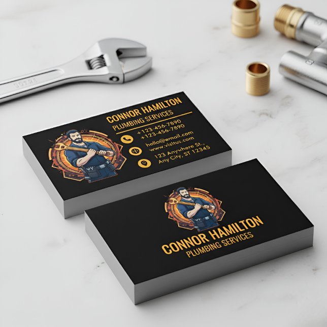 Modern Cool Cartoon Plumber Blue Orange Business Card (Creator Uploaded)