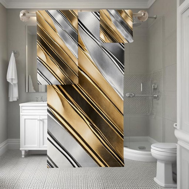 Modern, cool, chic, silver and gold stripe pattern bath towel set (Creator Uploaded)