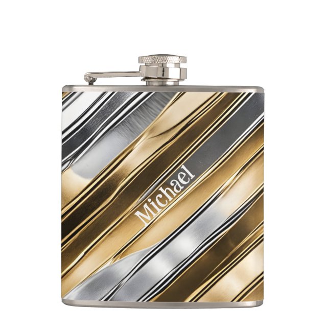 Modern, cool, chic, silver and gold stripe pattern hip flask (Front)