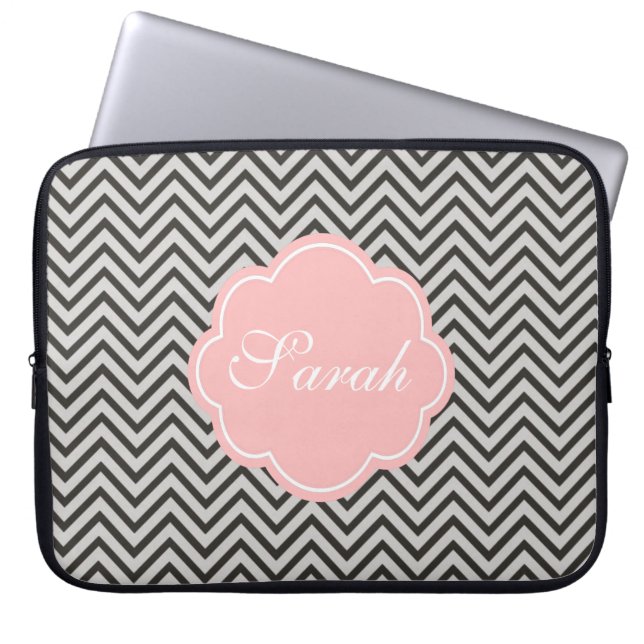Modern, cool, dark coffee and gray chevron laptop sleeve (Front)