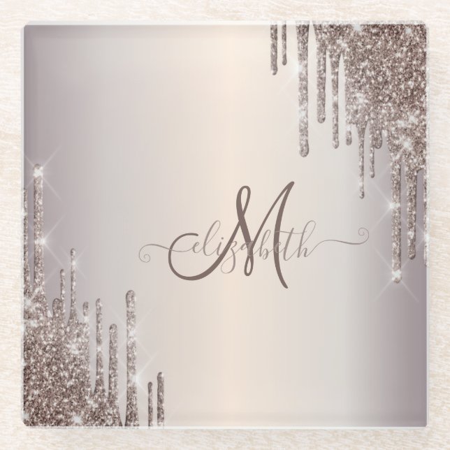 Modern Cool Glitter Drips Monogram   Glass Coaster (Front)