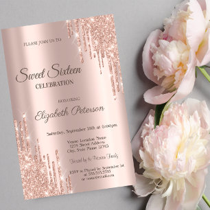 Modern Cool Glitter Drips Rose Gold  Sweet 16 Invitation