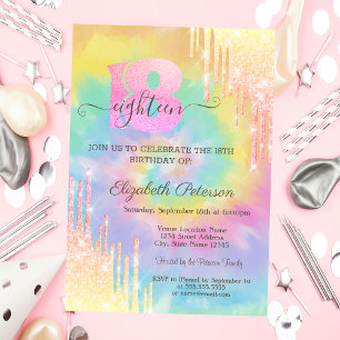 Modern Cool Glitter Drips Tie Dye 18th Birthday   Invitation