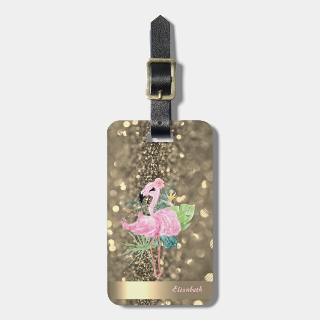 Modern Cool  Glitter Gold Stripe Flamingos Luggage Tag (Front Vertical)