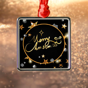 Modern Cool Gold Black Metallic Merry Christmas Metal Ornament