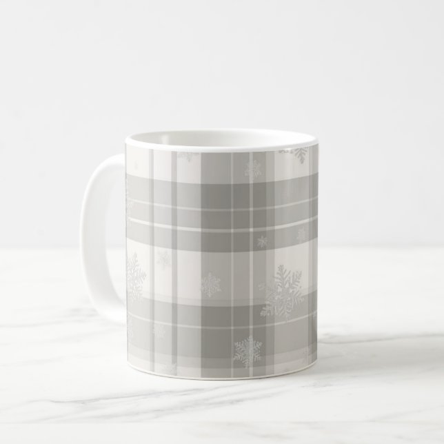Modern Cool Grey Winter Plaid Mug with Subtle Snow (Front Left)