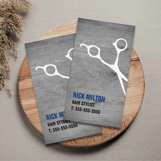 Modern Cool Grey Wooden White Scissor Hairstylist Business Card (Creator Uploaded)