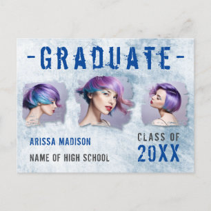 Modern Cool Grunge 3 Photo Blue Grad Announcement Postcard