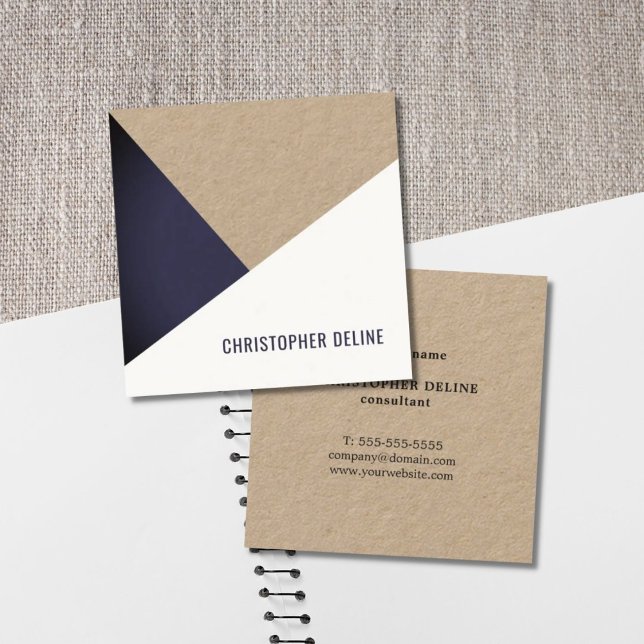 Modern Cool Kraft Paper Blue White Geometric Square Business Card (Creator Uploaded)