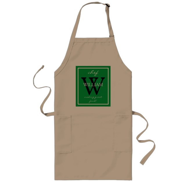 Modern Cool Monogram Chef's NAME makes great food Long Apron (Front)