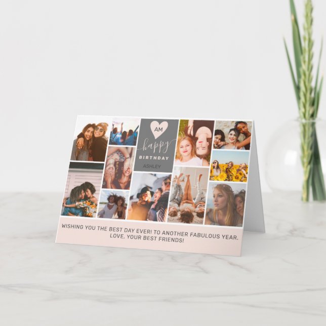 Modern cool monogram pink photo collage card (Front)