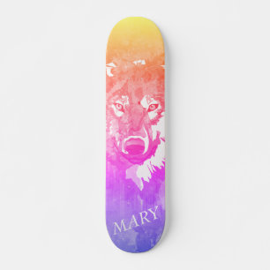 Modern cool orange purple pink watercolor wolf skateboard