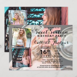 Modern Cool Photo Collage Sweet 16 Birthday Invitation