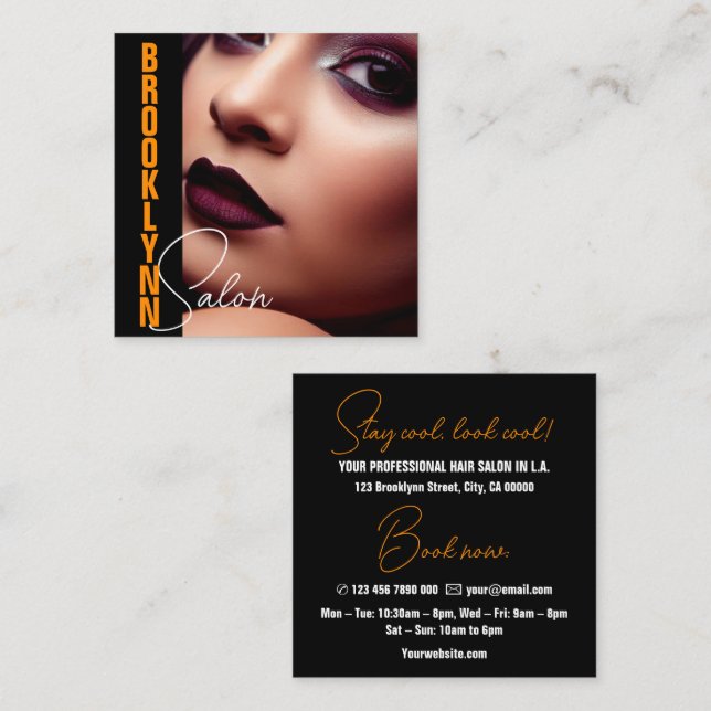 Modern Cool Photo Image Template Orange Slogan Square Business Card (Front/Back)